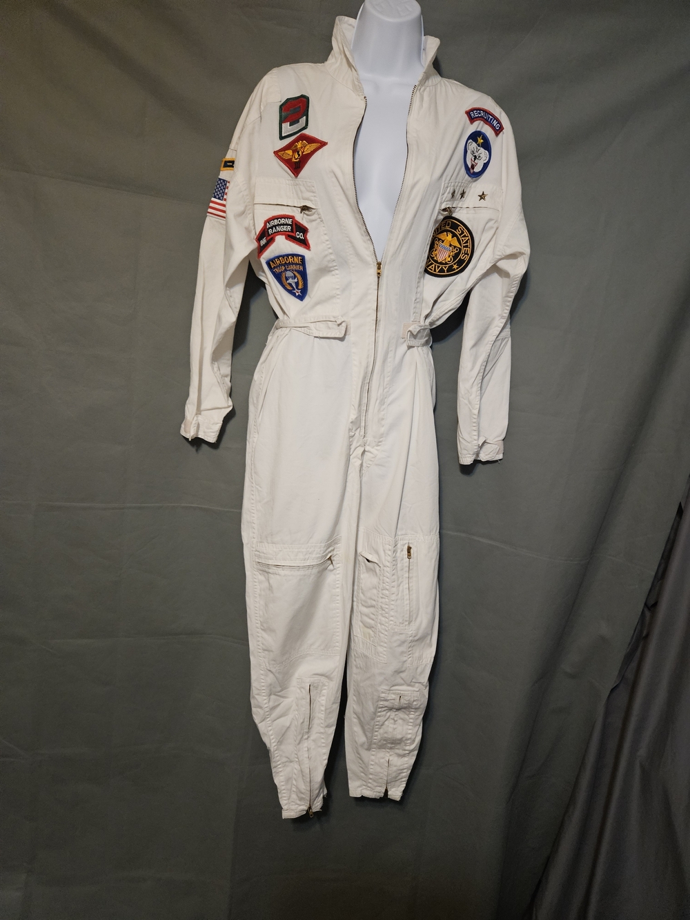 Vintage White Military Jumpsuit With Sewn On Patches